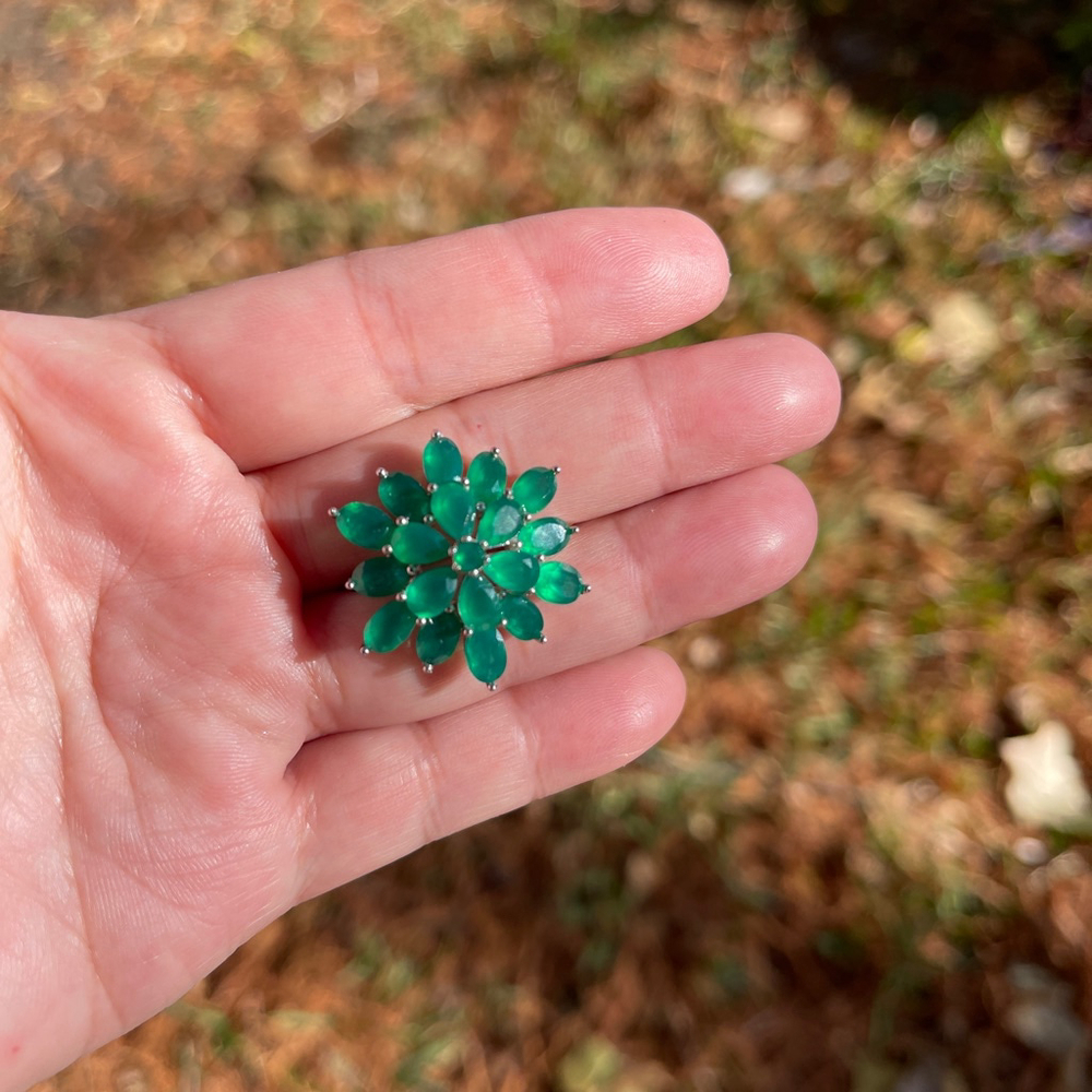 Natural Green Onyx Flower Ring 925 Silver Size 8
